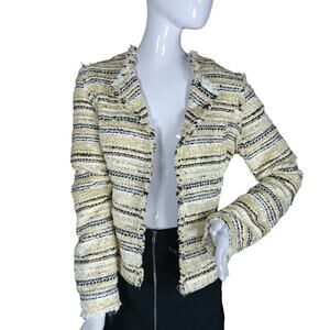 Lulus Ivory and Black Tweed Striped Open Blazer Size Medium Raw Hems NWT